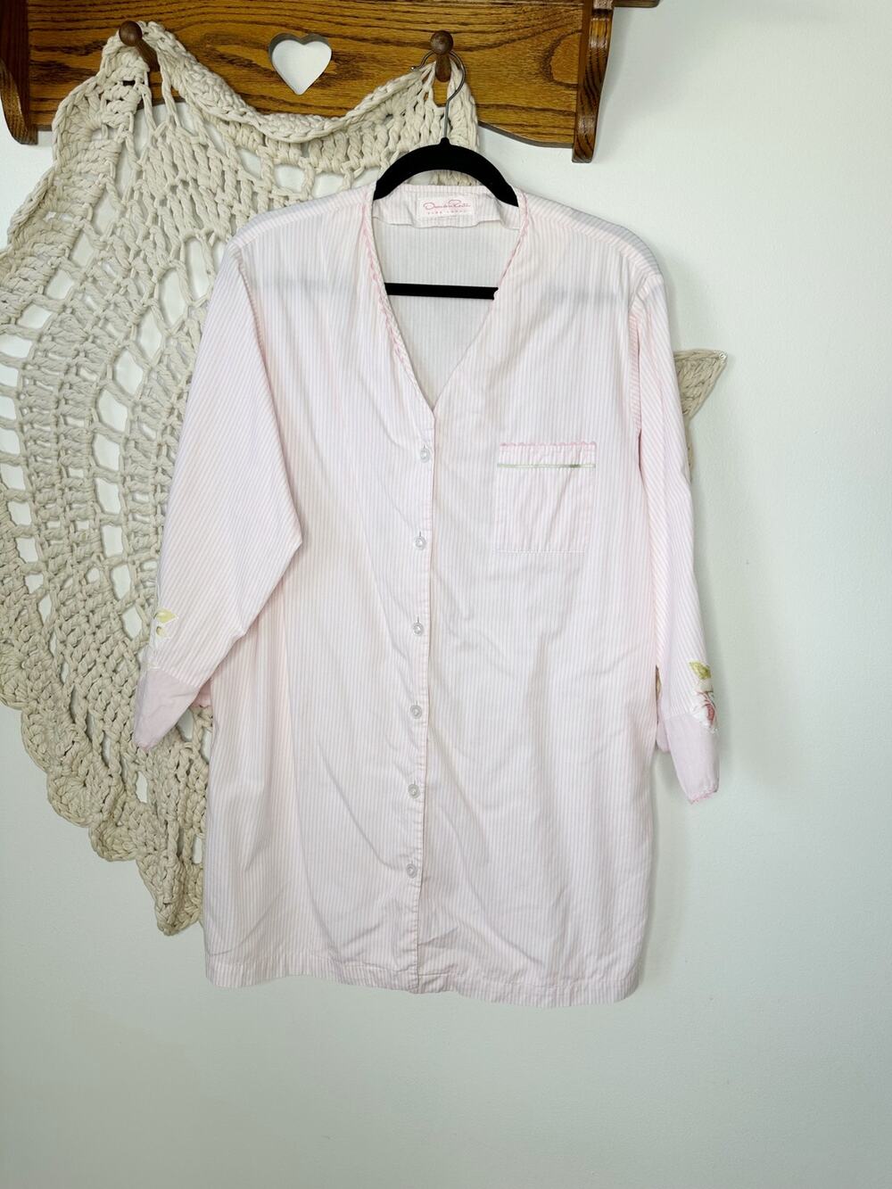 Oscar De La Renta Pink White Striped Cotton Oversized Sleep Shirt Medium